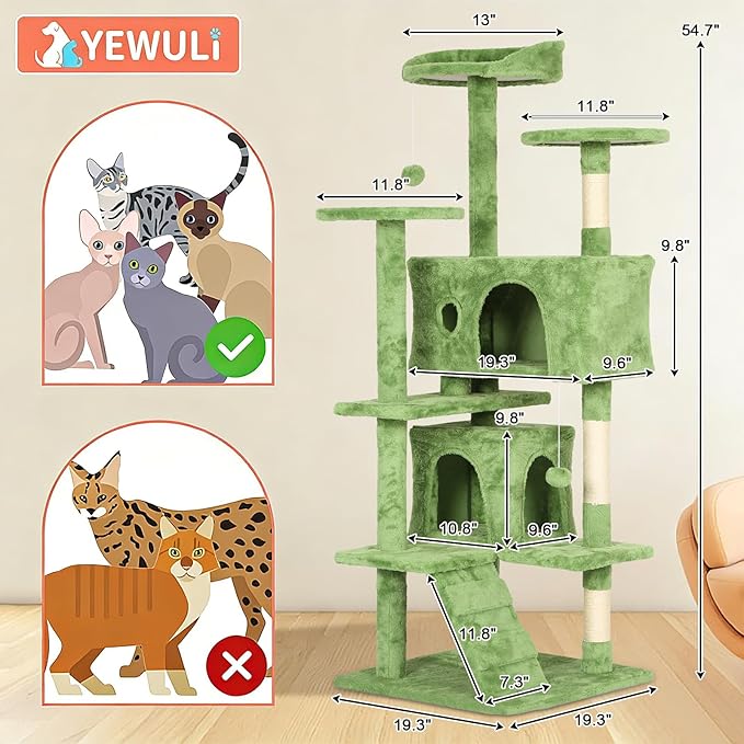 54in Cat Tree Cat Climbing Tower with Scratching Post, Cats House Perch Kitten Tree Condo Wood Playhouse, Pet Trees Tower for Indoor Cats, Green