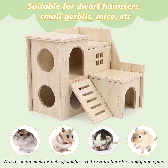Wontee Dwarf Hamster Hideout Wooden House Maze Fun Slide Double-Decker Hut for Dwarf Hamsters Gerbils Mice or Similar Sized Pets