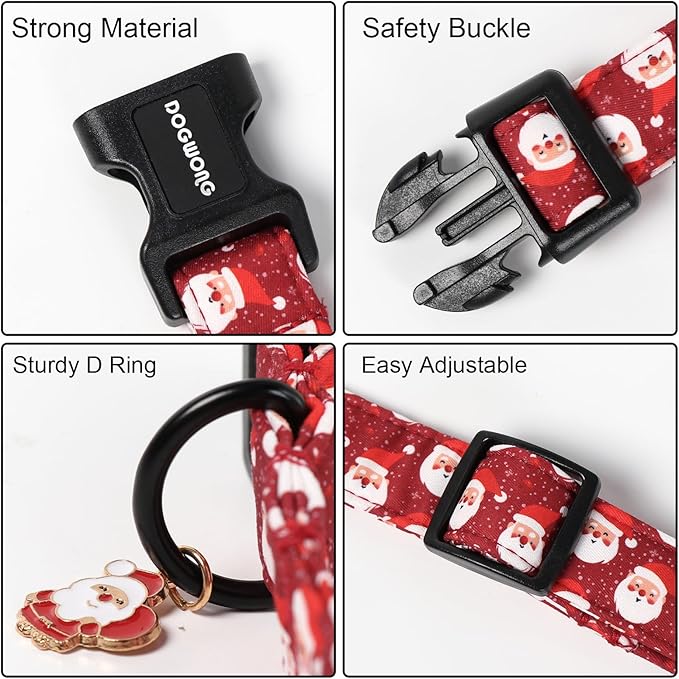 DOGWONG Christmas Dog Collar, Red Santa Claus Print Cute Dog Collars Winter Holiday Male Female Adjustable Dog Collar for Large Dogs