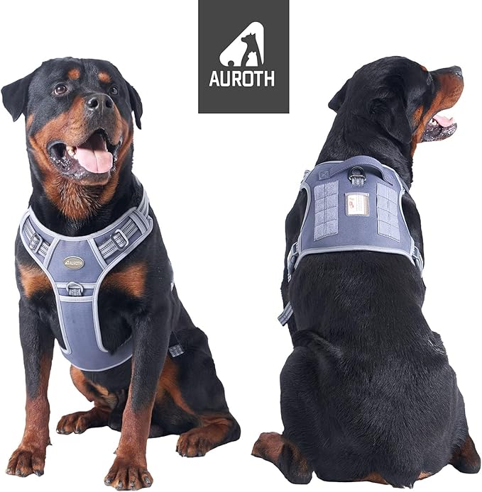 Auroth Tactical Dog Harness for Large Dogs No Pull Adjustable Pet Harness Reflective Working Training Easy Control Pet Vest Military Service Dog Harnesses Grey XL