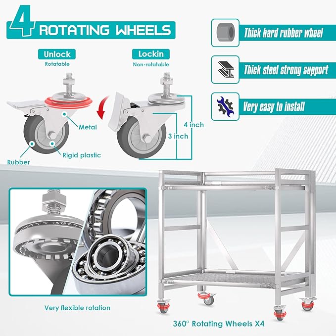 2 Shelf Rolling Cart with Wheels, 660lbs Capacity Collapsible Steel Rolling Utility Cart, Heavy-Duty Foldable Hand Truck, Metal Storage Carts with Handle for Groceries, Warehouse (36" Lx26 W)