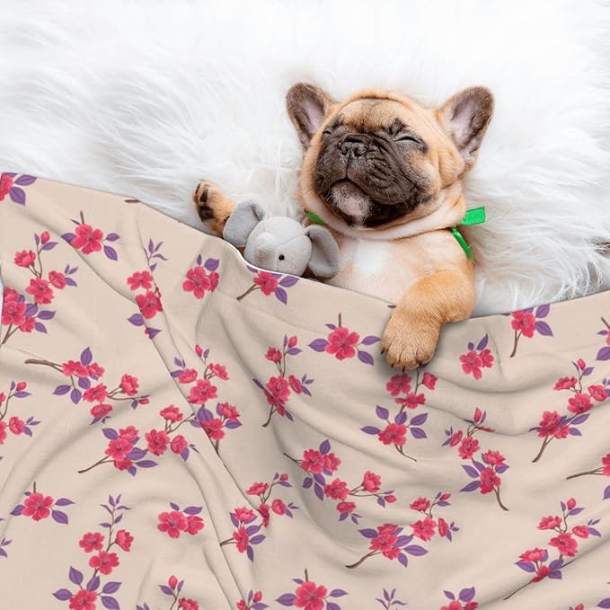 Reversible Plush Dot Pet Blanket for Dogs and Cats, Cherry Flower Seamless Flowers Pattern, Ultra Soft Two Sided Design with Warm Fuzzy Side and Smooth Side for Comfort