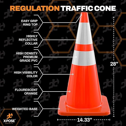 Xpose Safety 28 Inch Orange Traffic Cones Heavy Duty 10lb with 6" & 4" Collars, 48-Pack - Multipurpose PVC Plastic Safety Cone for Parking, Soccer, Caution, Kids and Construction - DOT Approved