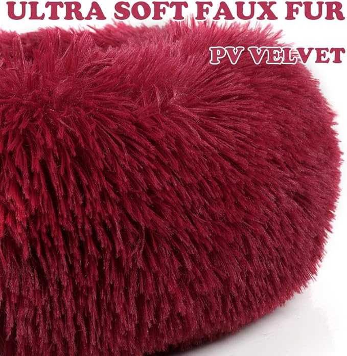 otoez Kitten Puppy Bed Small Round Dog Cat Beds Anti Anxiety Plush Pet Calming Donut Bed with Non-Slip Waterproof Bottom, Washable (19.7", Dark Red)