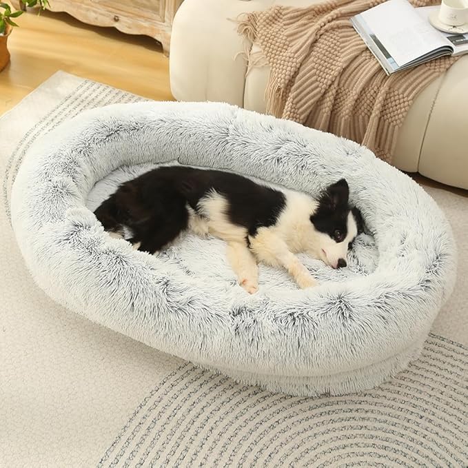 Glow Pups Dog Bed Ultra-Soft Faux Fur Calming Comfort, Memory Foam, Nesting Bolster, Removable Fur Cover, Non-Slip Base, Machine Washable, Deep Sleep Bed, Light Grey (35.4 X 25.6 X 7.9)