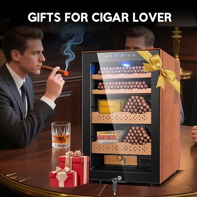 Tylza Leather Trim Cigar Humidor, 70L Cigar Humidor Cabinet with Auto Humidity & Temp Control, 550 Counts, 3 LED Lights, Spanish Cedar Wood, Cigar Humidors with Safety Lock, Gifts for Men