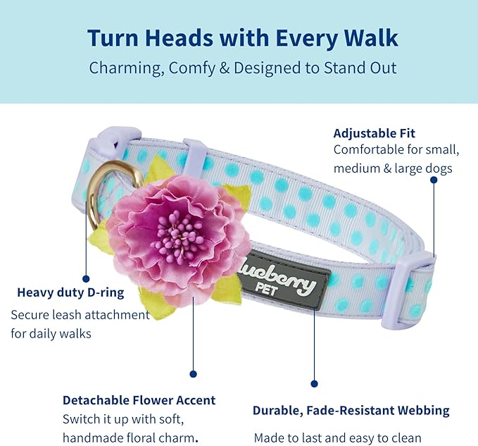 Blueberry Pet Dog Collar - Adjustable Flocking Puppy Collar with Silk Flower, Polka Dot in Pastel Purple, Medium 14.5"-20" - Pink Dog Collars for Small Dogs, Girl Dog Collars