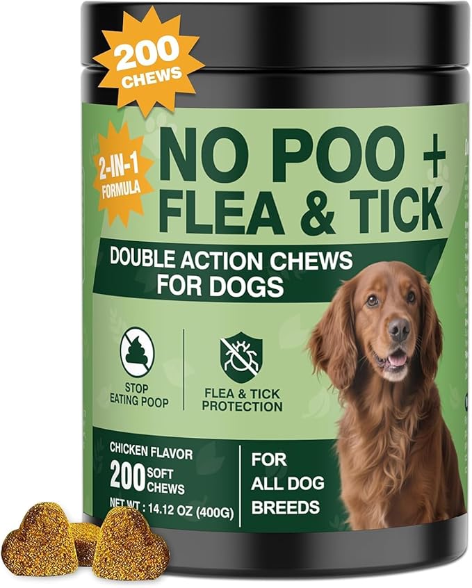 200 Chews No Poo Chew for Dogs-Flea and Tick Prevention Chews-2 in 1 Control Coprophagia & Flea Tick Supplement-Natural Soft Treats Deterrent Eat Poop with Digestive Enzymes Probiotics-Chicken