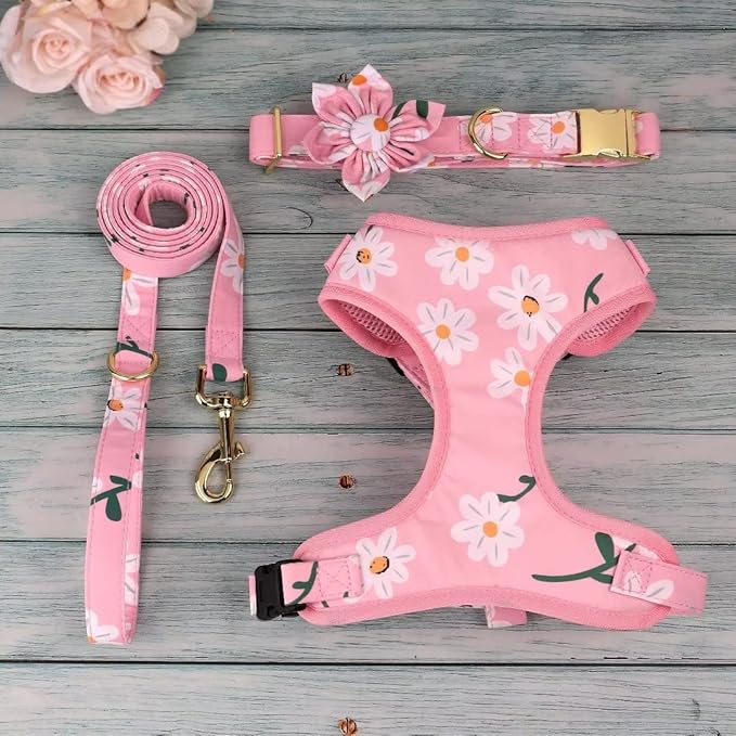 Beirui Cute Girl Dog Collars, Harnesses & Leashes Set - Adjustable Dog Collar and Leash Set with Flower - Soft Mesh Dog Vest Harness for Puppies Small Medium Dogs (Pink-1,S)