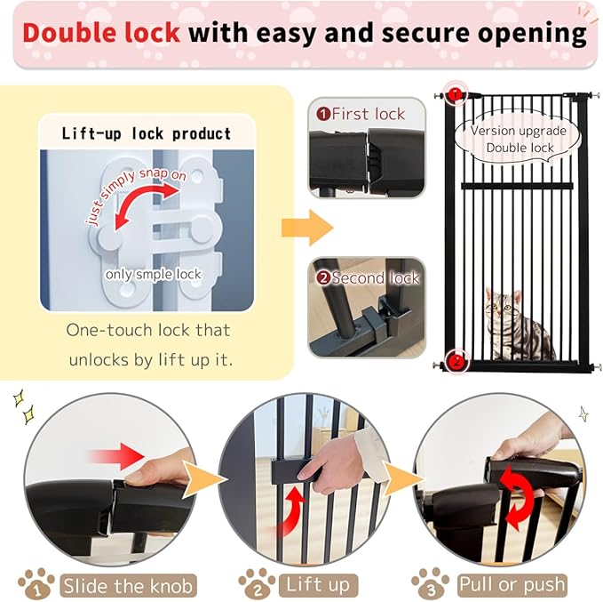 Lumizone Extra Tall Pet Gate 55.12" High Pressure Mounted 42.52"-46.64" Extra Wide (9 Sizes) 1.37" Gap for Cat Dog Stairs Doorway Hallway No Drilling Auto-Close (42.52"-46.64" W, Black)