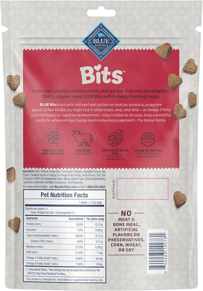 Blue Buffalo Bits Soft Dog Treats for Training, Made with Natural Ingredients & Enhanced with DHA, Beef Recipe, 19-oz Bag (Pack of 4)