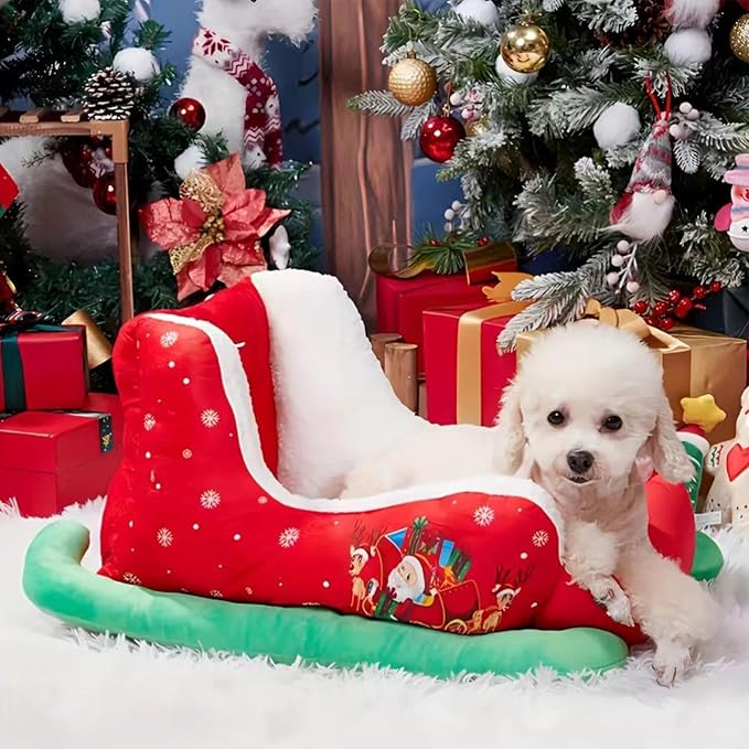 Christmas Dog - Bed Plush Sleigh Pet Bed with Anti-Slip Bottom for Cozy Comfort, Indoor Outdoor Puppy Cushion for Bedroom Living Room Home Winter Balcony Gathering Holiday Pet Furniture Accessories