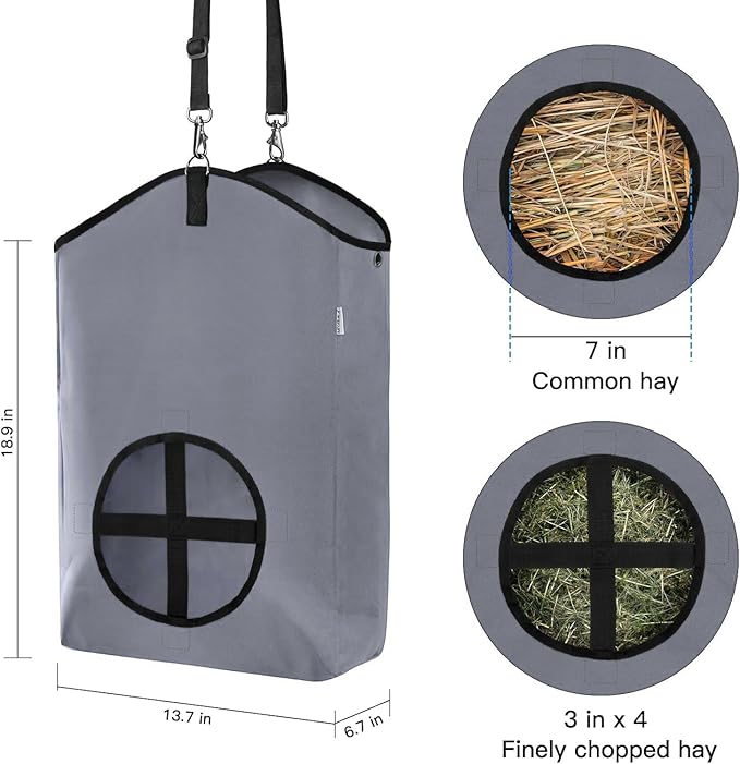 Goat Hay Feeder,Hay Bags for Goats,Horses,Sheep,Premium 600D Oxford Cloth,with Metal Fastener and Adjustable Open Feed Hole for Slow Feeding,Easy to Fill and Hang with Large Opening