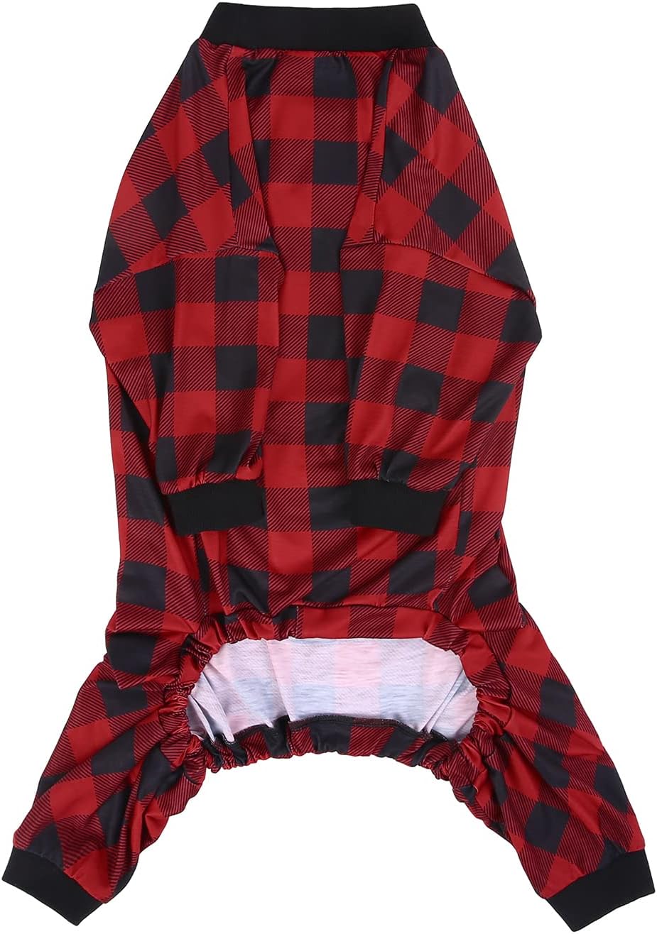 HDE Dog Pajamas One Piece Jammies Jumpsuit Pet Clothes Outfit Stretchy Lightweight Comfy Shirt Pjs for M-3XL Dogs Buffalo Plaid - 3XL