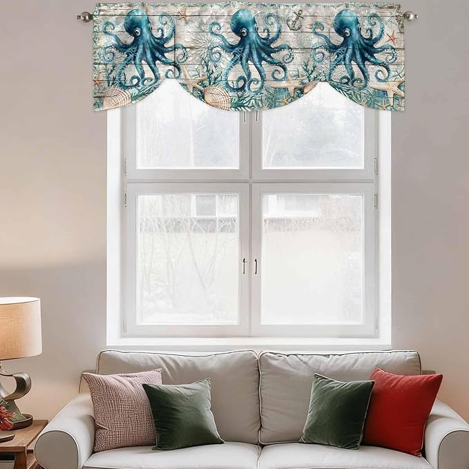 Sea Octopus Ocean Starfish Tie Up Valance Curtains, Nautical Anchor Vintage