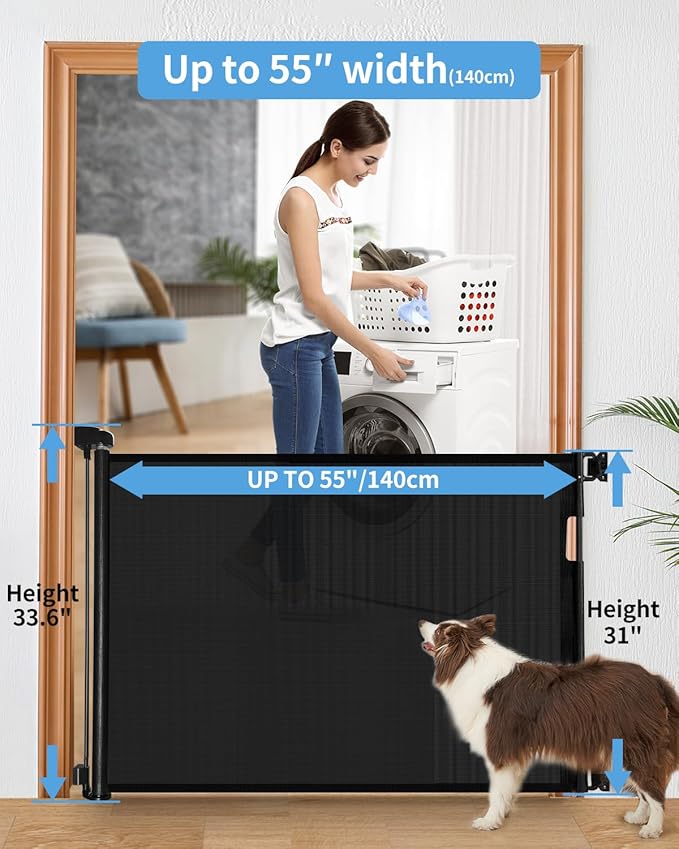 (2 Pack) Retractable Baby Gate for Doorways and Stairs, Mesh Safety Gate for Pet, Indoor & Outdoor Use, One-Hand Operation, Easy Installation, 33.6" Tall, Expands to 55" Wide（Black,33.6"x55"