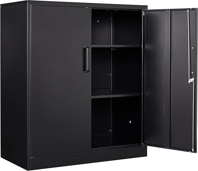 Yizosh Metal Garage Storage Cabinet with 2 Doors and 2 Adjustable Shelves - 35.5" Steel Lockable File Counter Cabinet for Home Office,Garage,Gym,School（Black）