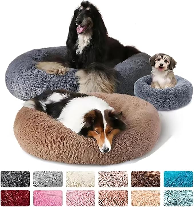 Calming Dog Bed for Small Dogs, Calming Donut Cuddler Pet Bed Anti Anxiety Round Dog Bed Fluffy Plush Faux Fur Cat Bed,Blue+White,19.7IN