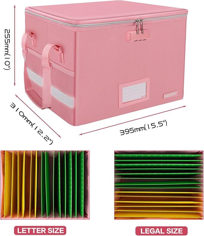 ENGPOW File Box with Lock, Fireproof Document Box with Zipper＆Pockets, Collapsible File Organizer Filing Storage Cabinet with Handle, Portable Home Office Safe for Hanging Letter/Legal Folder, Pink