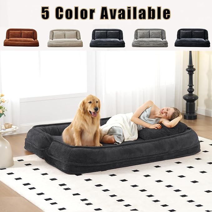 Double Human Dog Bed for Adult and Kids, Comfy Foldable Lazy Floor Loveseat Sofa Bed with 5 Adjustable Position, Upholstered Floor Bean Bag Lounger Chair for Bedroom, Living Room,Office (Black)