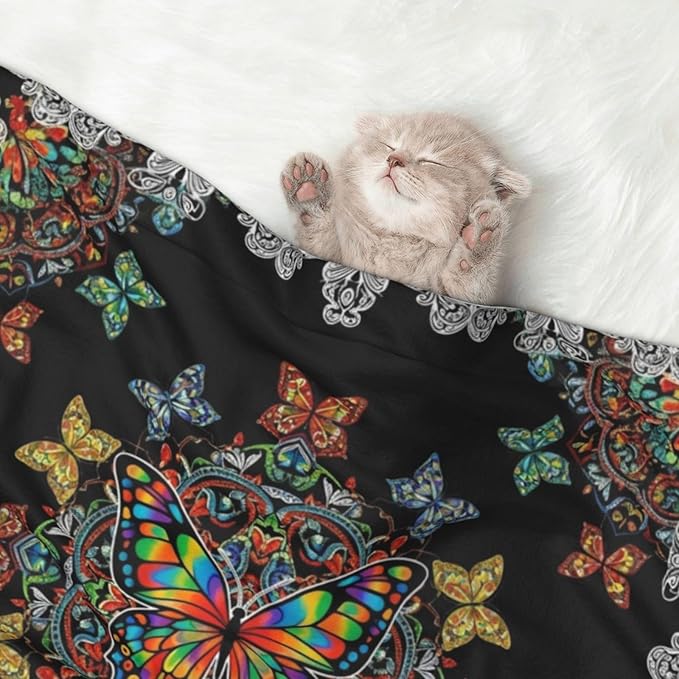 Reversible Plush Dot Pet Blanket for Dogs and Cats, Butterflies Mandala Rainbow Art Black and White, Ultra Soft Two Sided Design with Warm Fuzzy Side and Smooth Side for Comfort