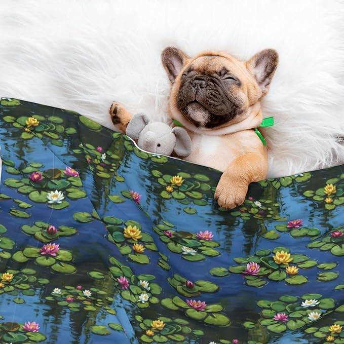 Reversible Plush Throw for Dogs and Cats, Water Lilies Monet Painting, Double Sided Blanket with Nubby Dot Side and Sleek Side Ideal for Cuddling Nesting Security