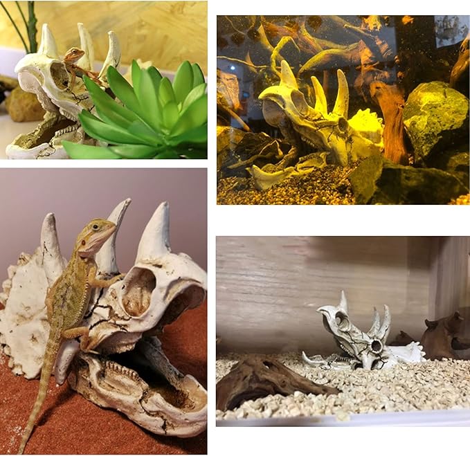 Tfwadmx Bearded Dragon Tank Accessories Resin Dinosaur Triceratops Skull Skeleton Reptiles Hideouts Cave Vines Leaves Aquarium Decorations for Lizards,Chameleon,Snake,Spider,Gecko
