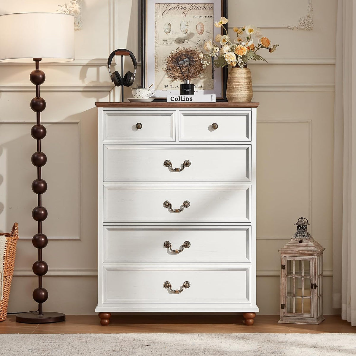 Joaxswe Farmhouse 6 Drawer Dresser Set of 2 for Bedroom, 42" Tall Rustic Chests of Drawers w/ 4 Solid Wood Feet, Mid Century Vintage Wooden Closet Storage Dressers Organizer for Living Room,White