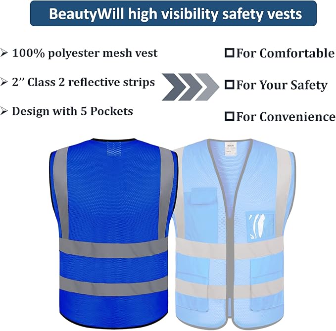 10 Pack Mesh Safety Vest Custom Logo High Visibility Reflective Vest with Pockets Security Work Vest（Blue，XXL）