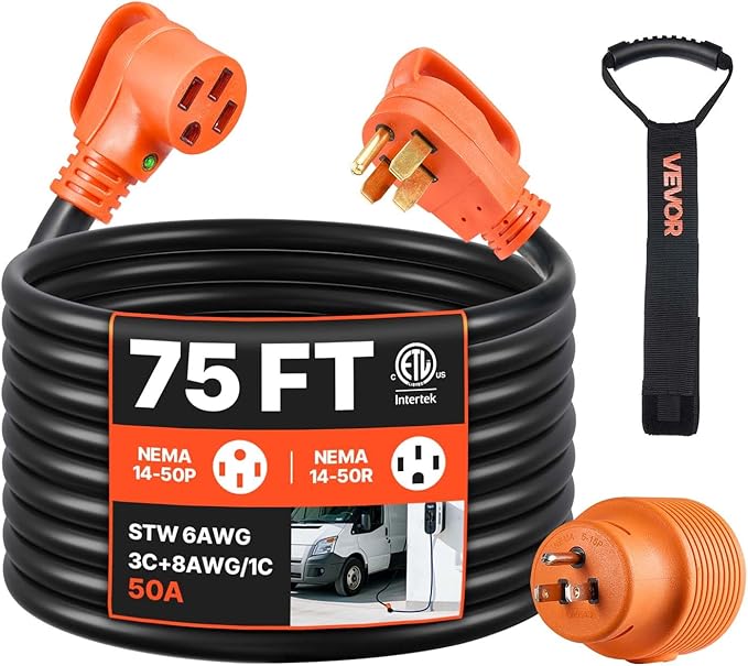 VEVOR 75 FT RV Extension Cord, 50 Amp, 125V/250V 7500W Heavy Duty STW 6/3 + 8/1 Gauge Wire, NEMA 14-50P Male NEMA 14-50R Female Plug, with LED Indicator, Handle, 15A Adapter for RV Trailer, ETL Listed
