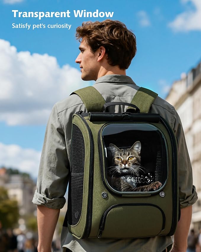 Pecute Cat Backpack Carrier Expandable, Large Space Cat Bubble Backpack, Breathable Cat Carrier, Shaded Dog Backpack Carrier for Travel, Hiking, Suitable for Shopping, and Vet, Green