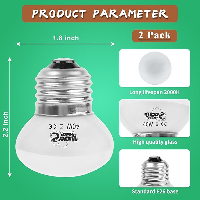LUCKY HERP Heat Lamp Bulbs, 40W Reptile Heat Lamp 2 Pack Reptile Heat Lamp Bulbs, Daylight Basking Spot Heat Light Bulb, Amphibians Lamp Bulbs for Chameleons, Snakes, Lizard, Turtle