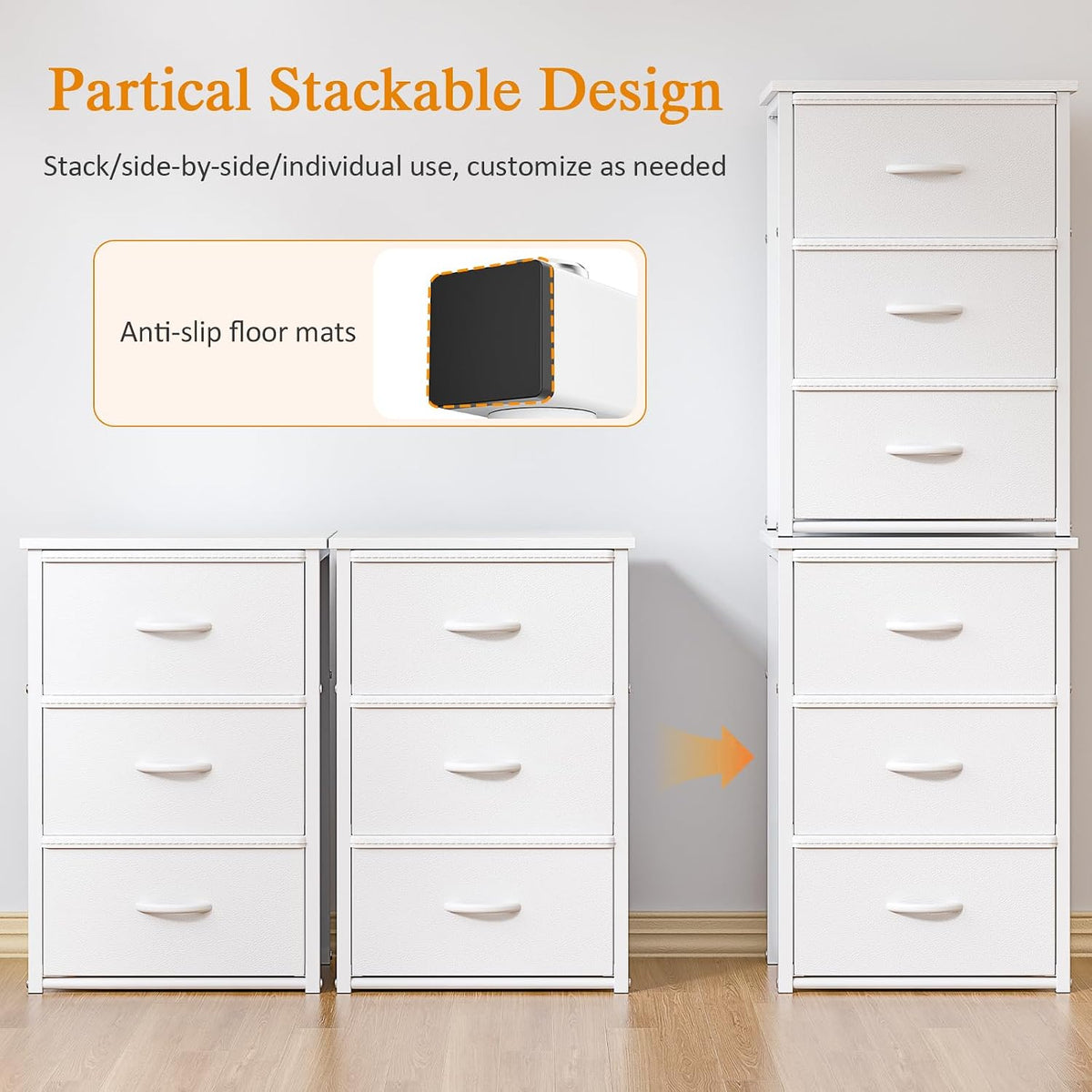 2-Pack Stackable Storage Drawers (6 Drawers Total), White Closet Drawers Organizer for Clothes with Wooden Top & Metal Frame, Freestanding or Stackable Dresser for Bedroom, Living Room, Under Bed