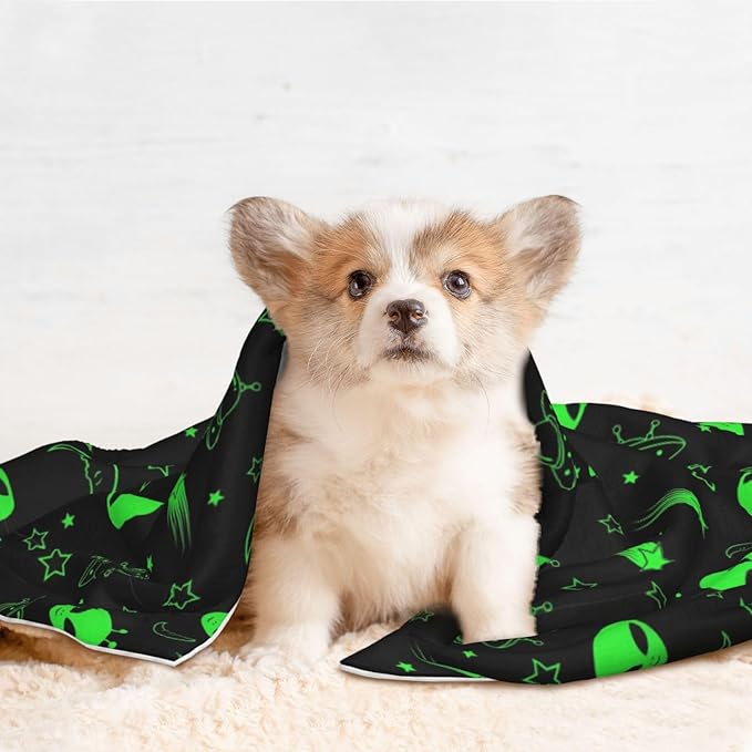 Dog and Cat Blanket in One, Green Alien Moon Spaceships Planet Black, Double Sided Plush Throw with Raised Dot Pattern on One Side and Flat Velvet on Other for Variety