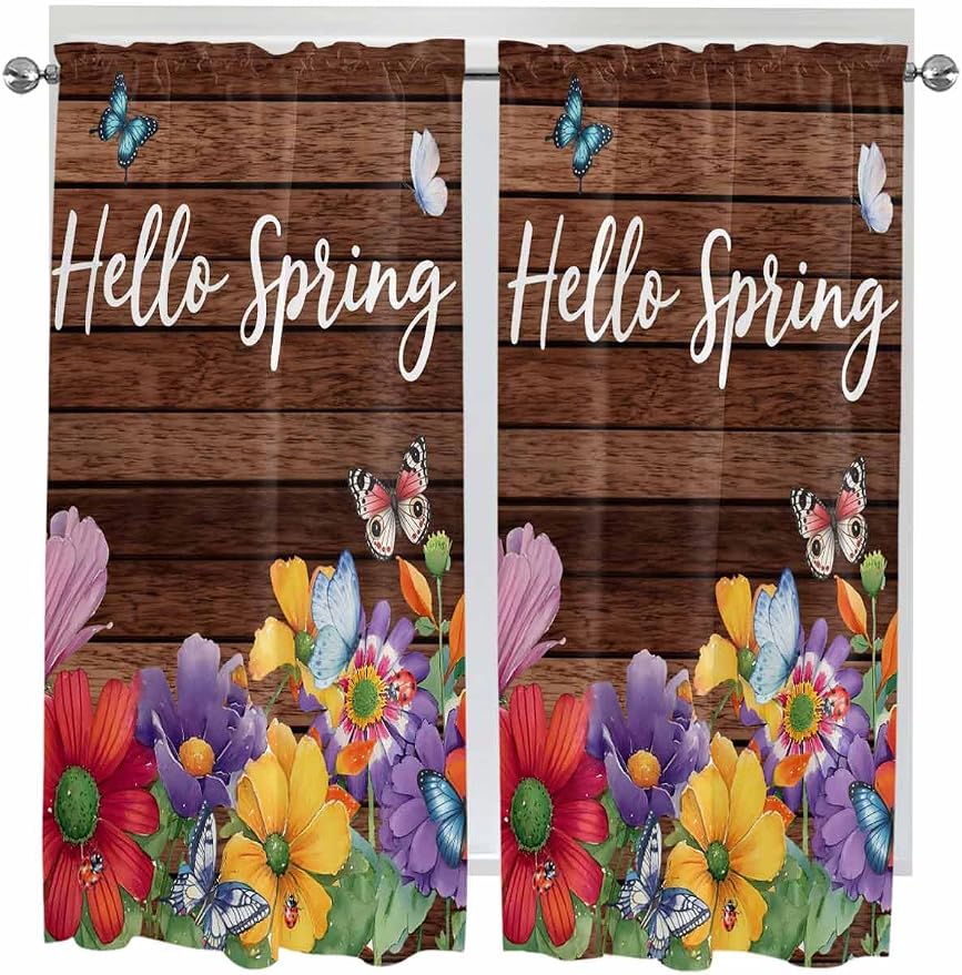 Spring Flowers Bedroom Curtains 63 Inches length, Watercolor Farmhouse Colorful