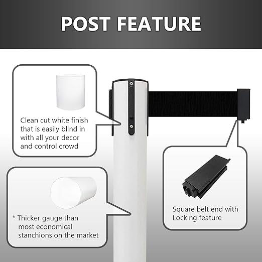 VIP Crowd Control Retractable Belt Stanchion Queue Safety Barrier Set, 36" Ht, 78" Belt (2 WHT Posts Caution Belt)