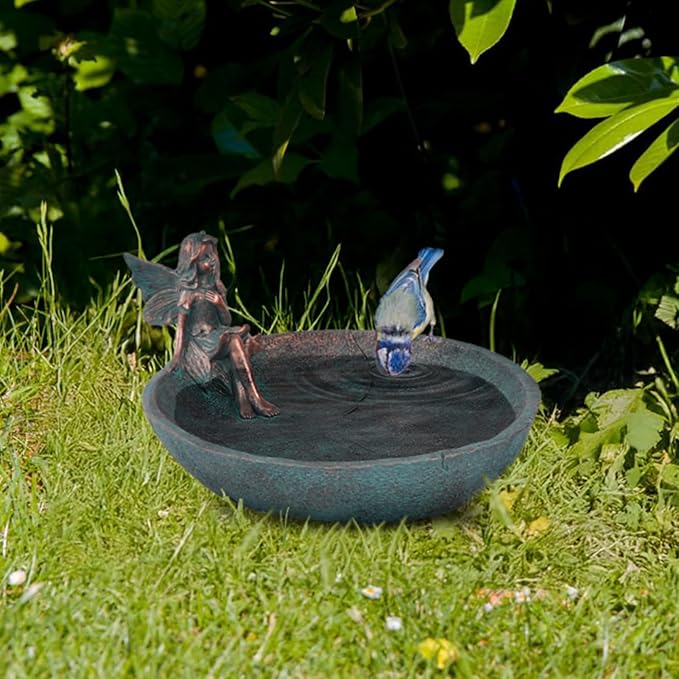 JUNIQUTE Vintage Angels Statue Bird Feeder, Fairy Garden Bird Bath for Outside, Resin Bath Bowl Outdoors (Bronze)