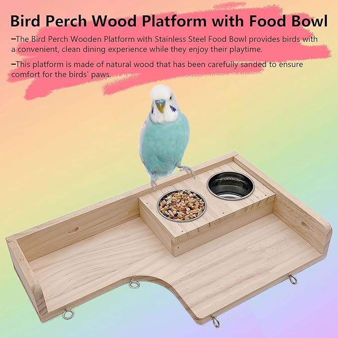 kathson Bird Perches Platform with Climbing Ladder and Swing,Parrot Cage Playground Toys with Food Cups,Parakeet Playing Gyms Wooden Exercise Training Stands for Budgie,Lovebird,Cockatiels