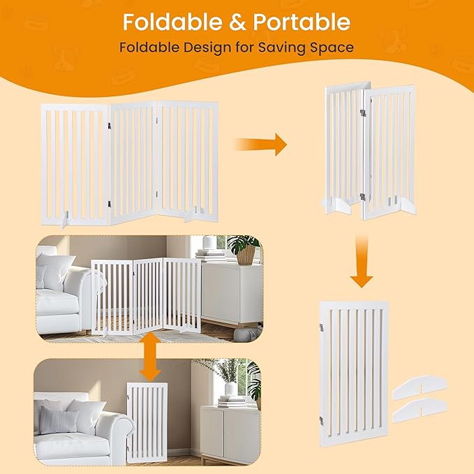 ZENY 36" H Pet Dog Gate, Foldable Freestanding Dog Door 3 Panel, Wooden Z Shape Step Over Pet Fence for Entryway, Stairs, Doorway, White