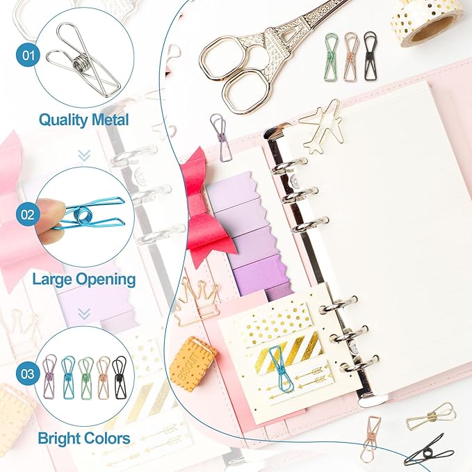 PATIKIL 50Pcs Paper Office Binder Clips, 1.26" Small Metal Wire Hollow Out Paper Clamps Long Tail Binder Clips for Photo Clothes Hanging Office Home Kitchen Food Package, Silver/Rose Gold