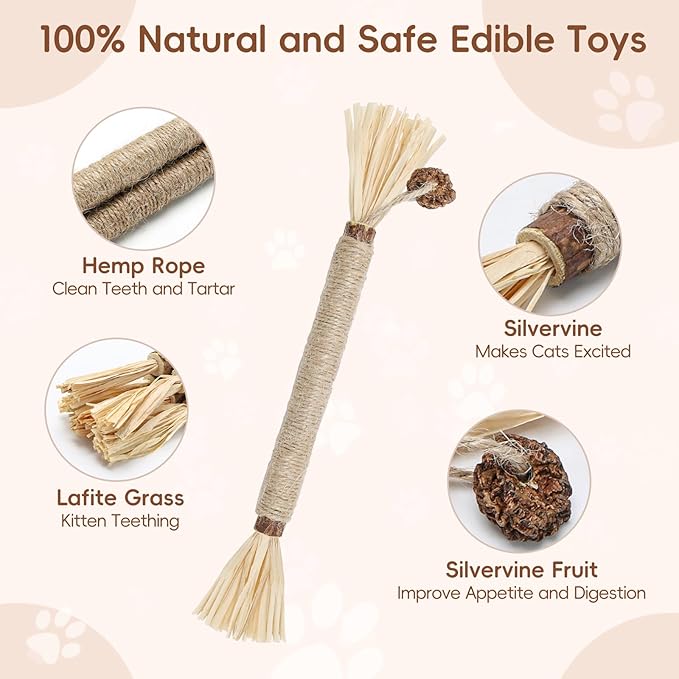 5 Pack Silvervine Sticks Cat Toys, Natural Chew Kitten Teething Toys for Cleaning, Matatabi Catnip Treat Toys, Catmint Silver Vine Sticks for Bored Indoor Kitty
