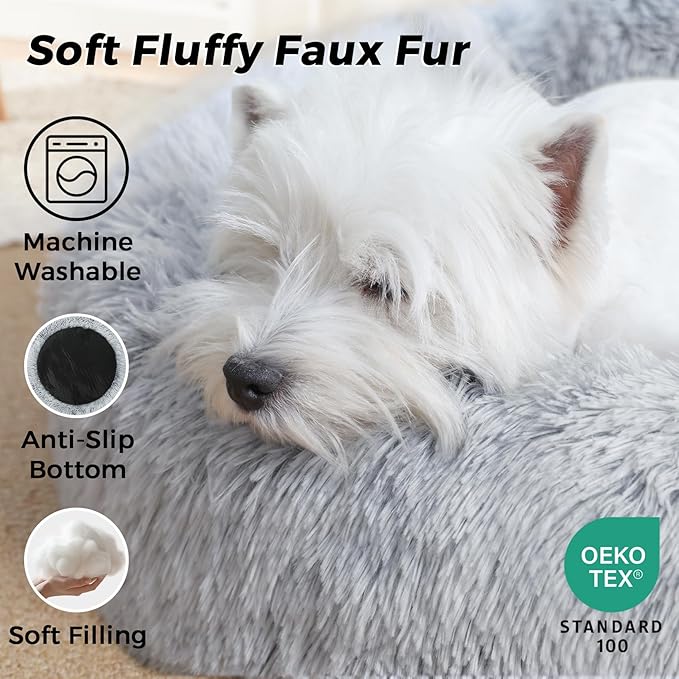 Calming Dog Bed & Cat Bed for Indoor Cats, Medium Size Washable Anti-Slip Anti-Anxiety Donut Dog Beds for Small Dogs & Cats, Fluffy Plush Cozy Round Dog Bed(20 Inch, Light Grey)