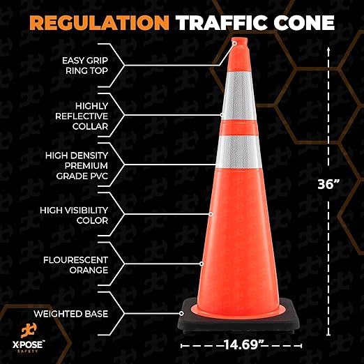 Xpose Safety 36 Inch Orange Traffic Cones with 6" & 4" Collars, 24-Pack - Multipurpose PVC Plastic Safety Cone for Parking, Soccer, Caution, Kids and Construction - DOT Approved