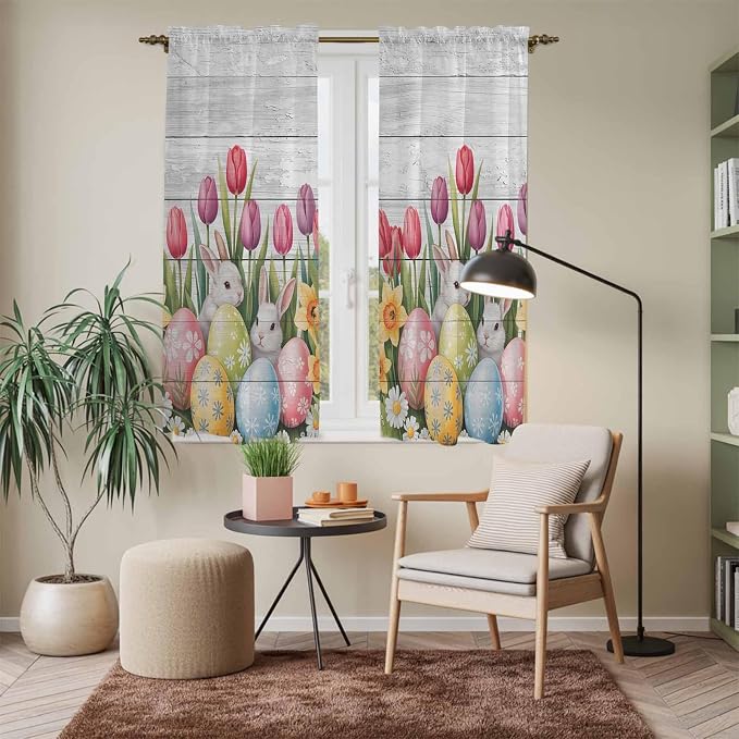Easter Window Curtains 63 Inch Long 2 Panel Set, Rod Pocket Bedroom Curtains &