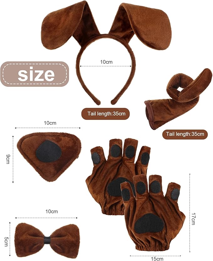 Zhanmai Puppy Dog Tutu Skirt Animal Costume Set Puppy Ears Headband Bow Tie Paw Gloves Tutu Skirt for Carnival Party(Classic Style,Dark Brown)