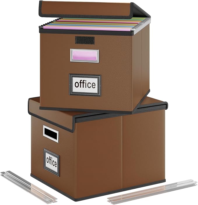 Huolewa File Organizer Boxes with Lids, Collapsible Faux Leather Hanging File Folder Box Organizer with Plastic Slide, Decorative Home/Office Filing System Boxes for File and Folders Storage