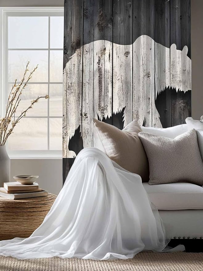 Sheer Curtains 63 Inch Length, Farmhouse Country Rustic Wooden Grain Privacy