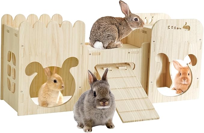 Natural Wooden Rabbit Castle House,Extra Large Bunny Castle for Rabbit Guinea Pig Chinchilla Ferret,Sturdy Bunny House with Stair