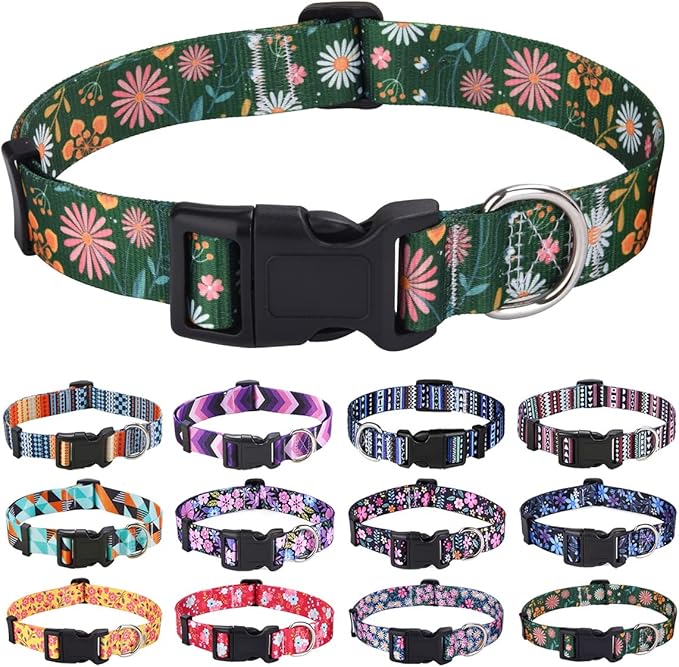 Dog Collar with Bohemia Floral Tribal Geometric Patterns - Soft Ethnic Style Collar Adjustable for Small Medium Large Dogs(Dark Green Flower,S)
