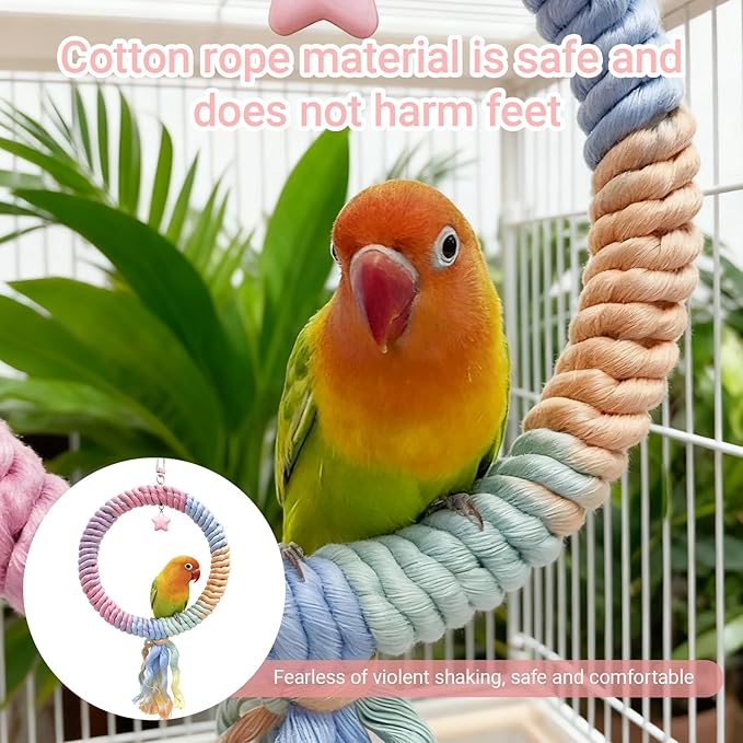Bird Swing,Gradient Colorful Cotton Rope Bird Swing Cage Hanging Toys,Bird Cage Climbing Rope Toys Accessories,for Cockatiel Conure Cockatoo Parakeet Cage Hanging Decor(Round,Diameter:7.9")